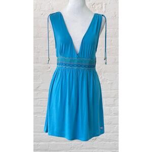 Y2K Pink Victoria’s Secret Blue Embroidered Mini Beach Cover Up Dress Sz M Boho